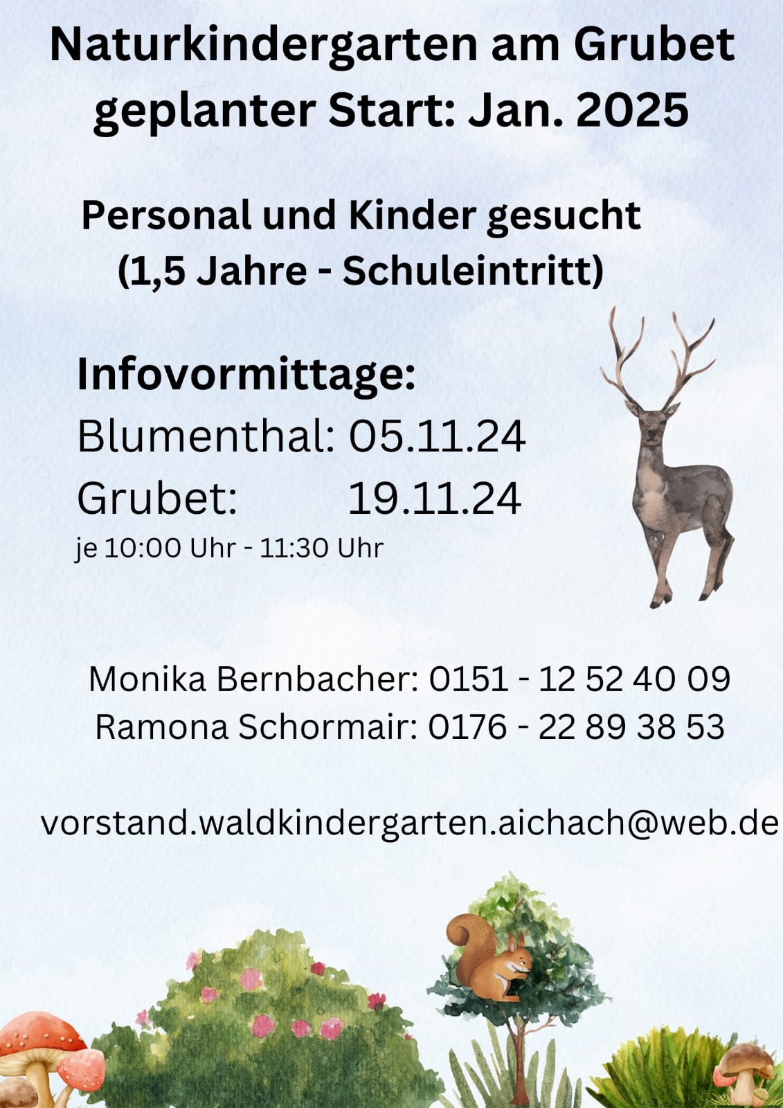 Infoveranstaltung Naturkindergarten am Grubet ab Januar 2025. Informationsvormittag in Blumenthal am 05.11.2024 und im Grubet am 19.11.2024.